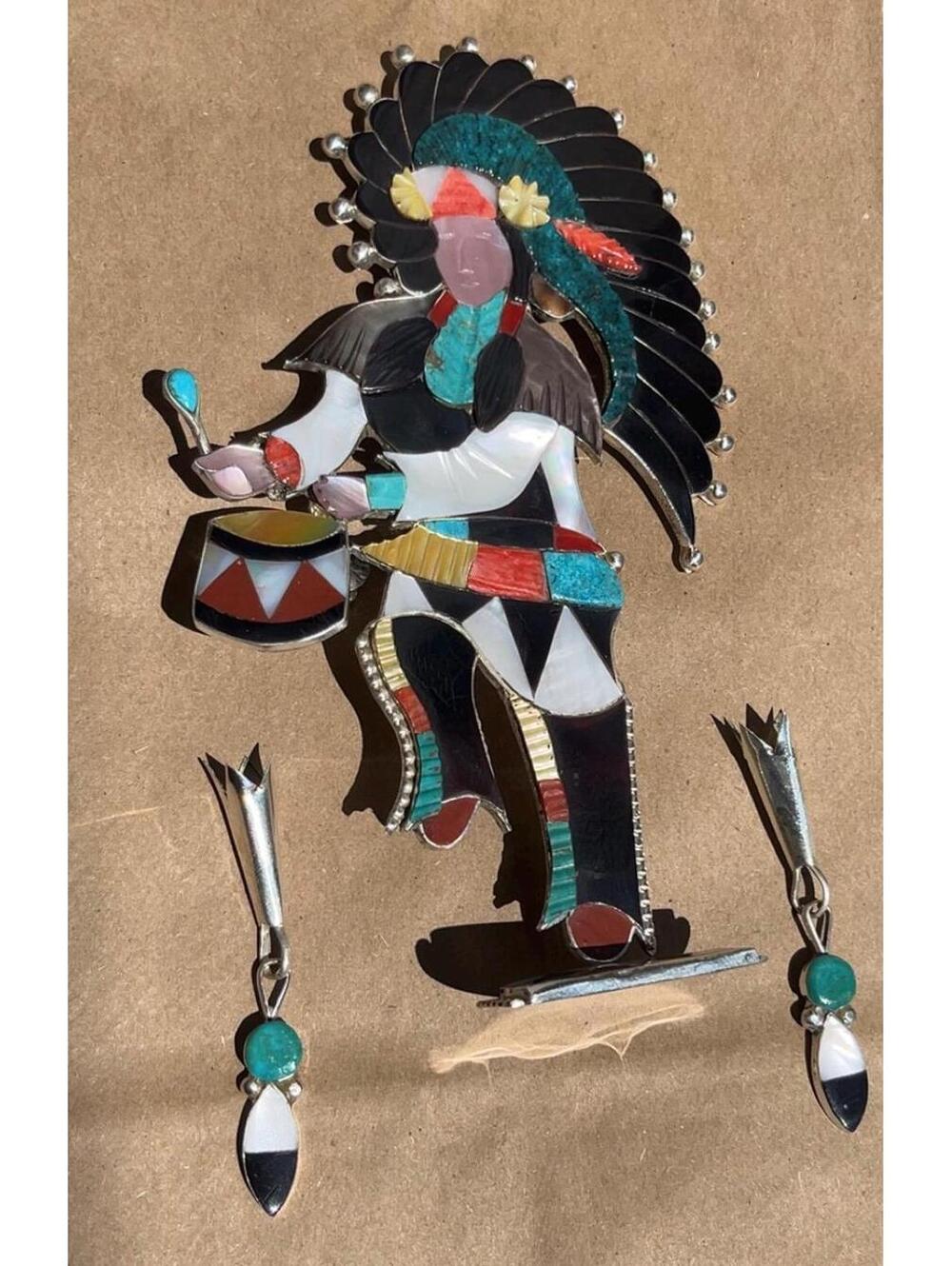 Zuni sterling silver inlay multi stone turquoise traditional dancer bolo with